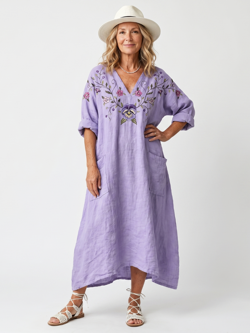 Maebeth | Floral Embroidered Oversized Pocket Midi Dress