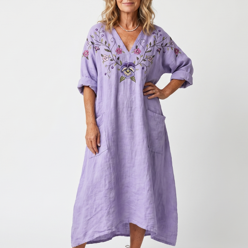 Maebeth | Floral Embroidered Oversized Pocket Midi Dress