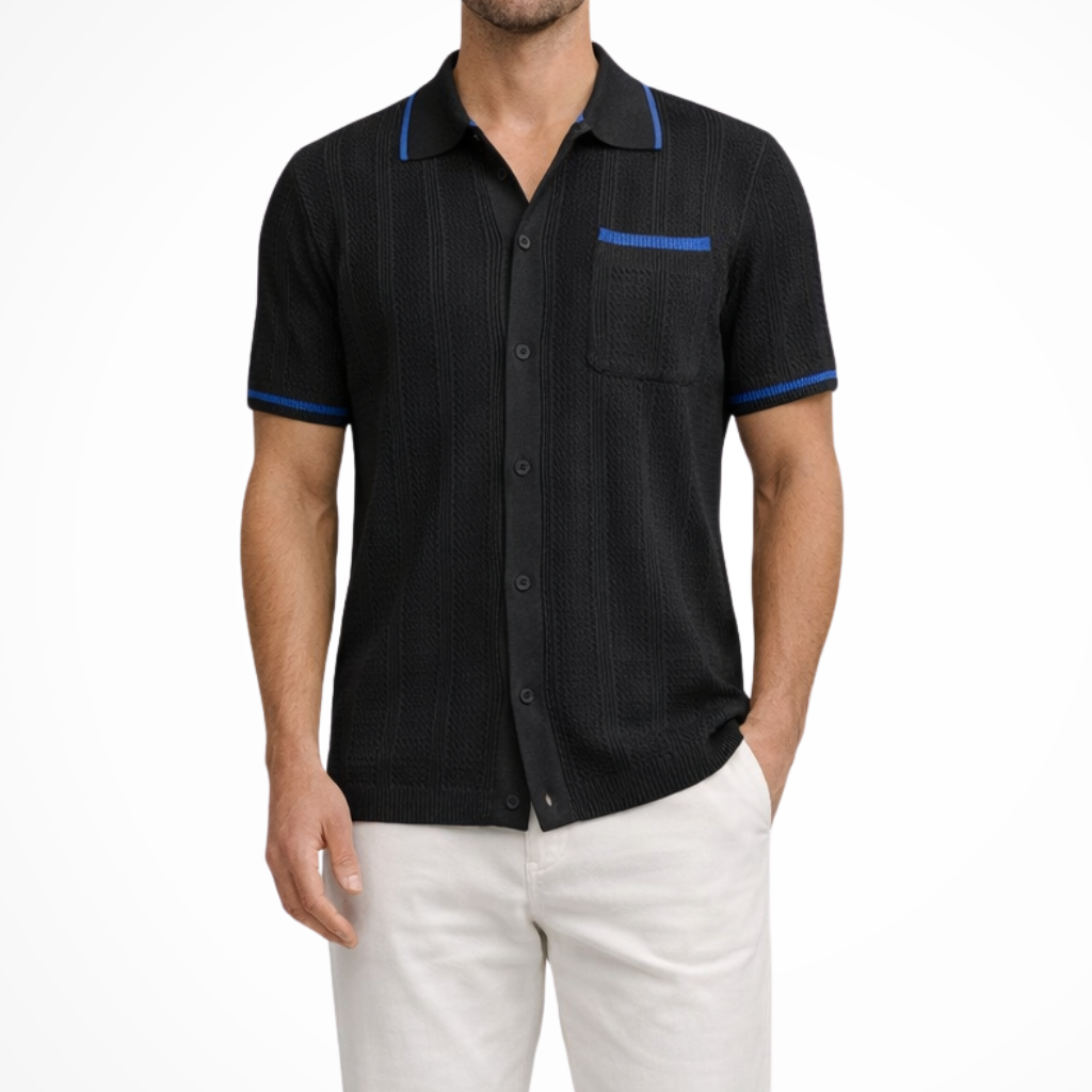 Finlay | Men Short Sleeve Camp Collar Button Front Openwork Knit Shirt with Contrast Trim