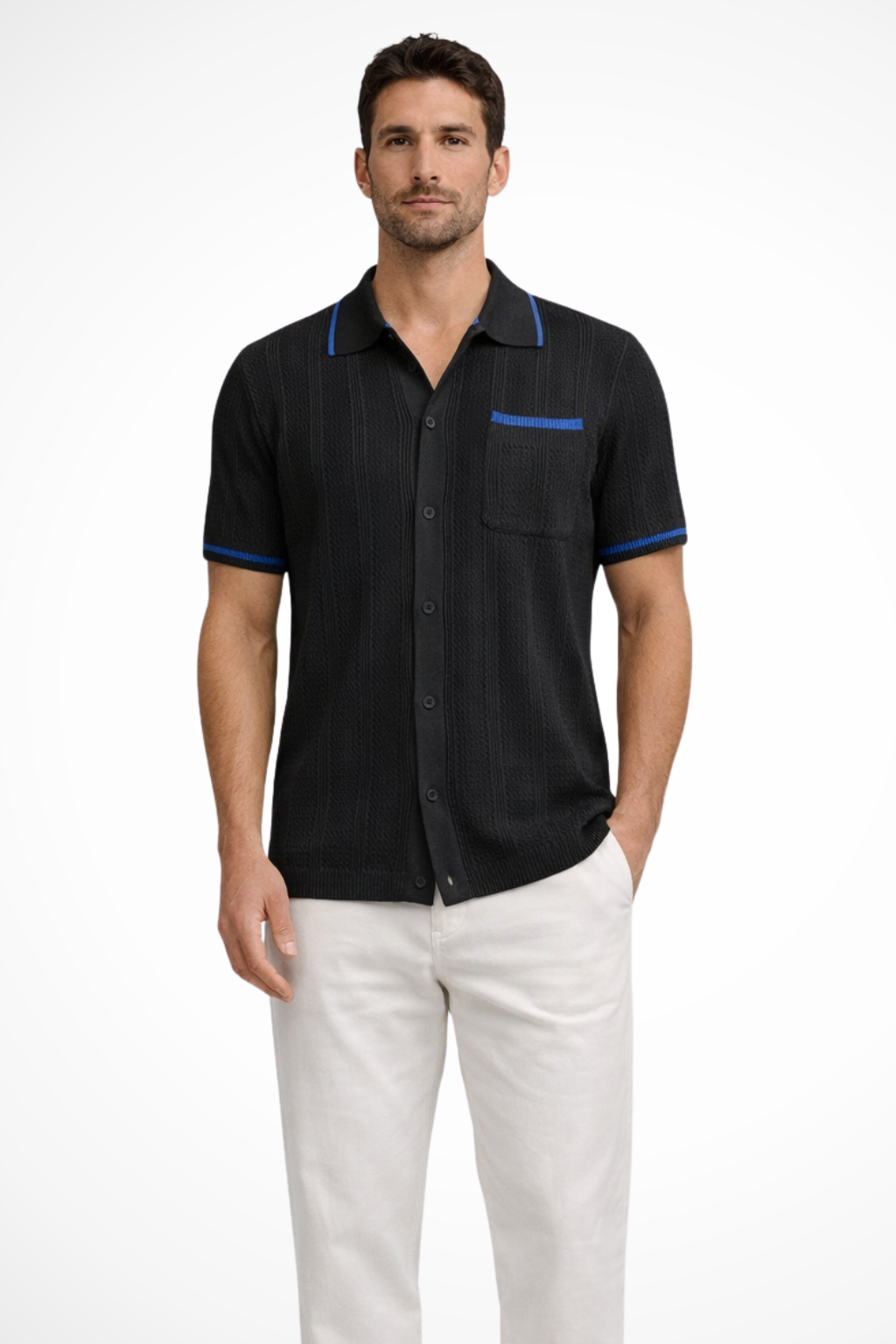 Finlay | Men Short Sleeve Camp Collar Button Front Openwork Knit Shirt with Contrast Trim