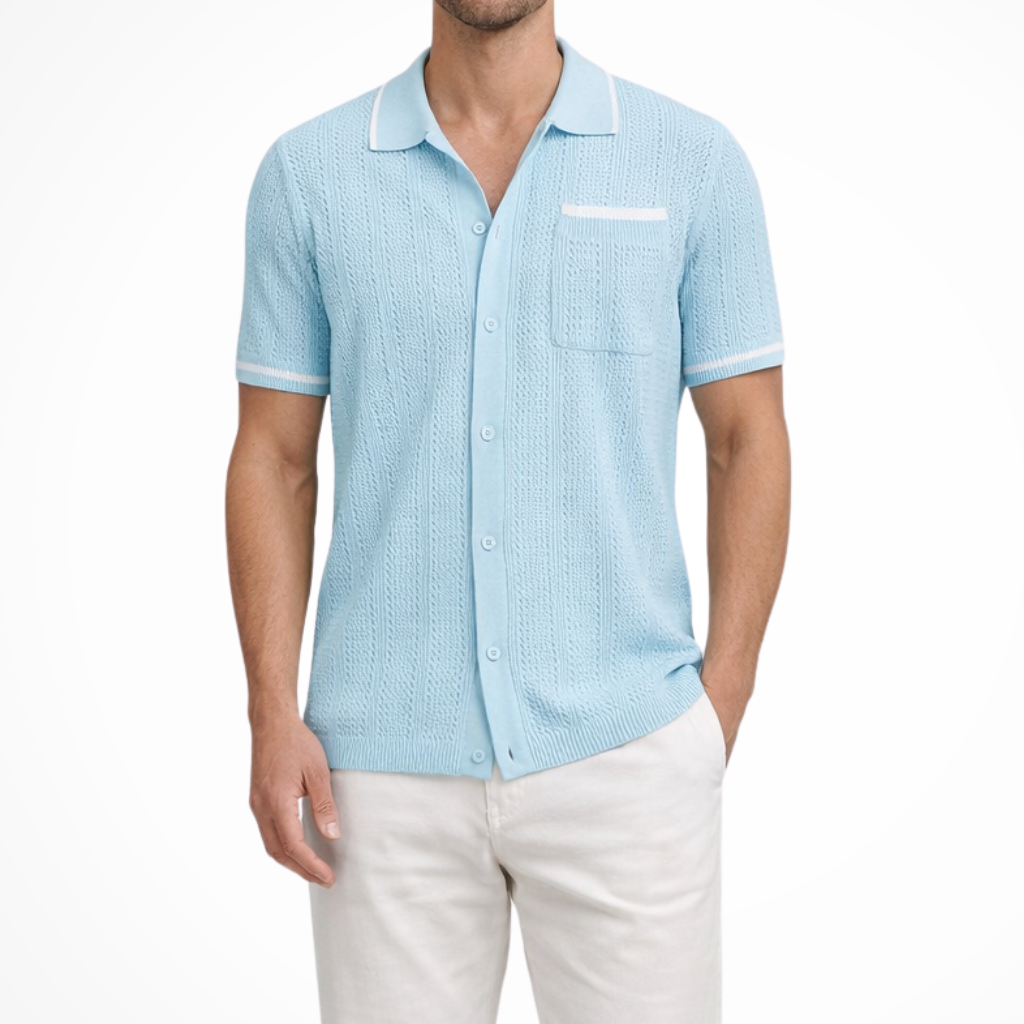 Finlay | Men Short Sleeve Camp Collar Button Front Openwork Knit Shirt with Contrast Trim