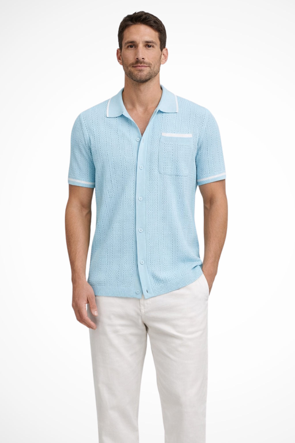 Finlay | Men Short Sleeve Camp Collar Button Front Openwork Knit Shirt with Contrast Trim
