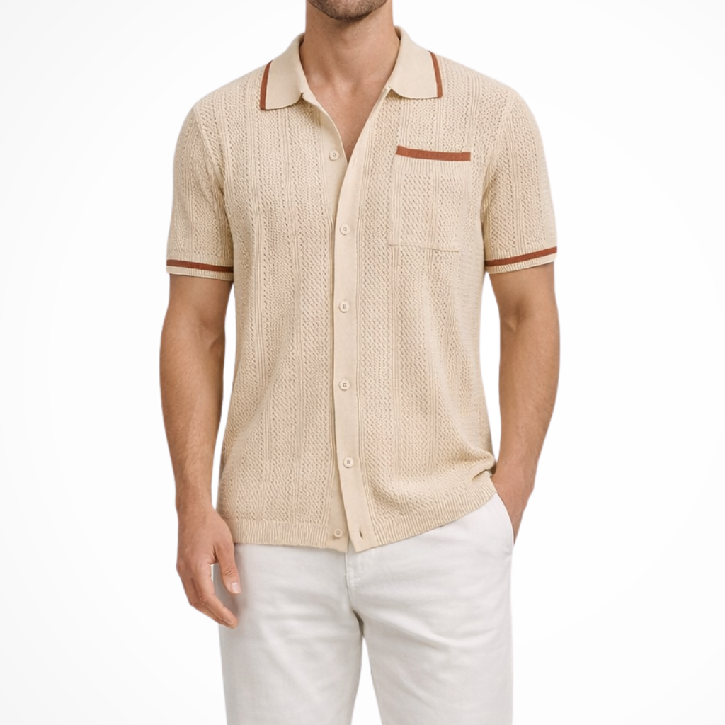 Finlay | Men Short Sleeve Camp Collar Button Front Openwork Knit Shirt with Contrast Trim