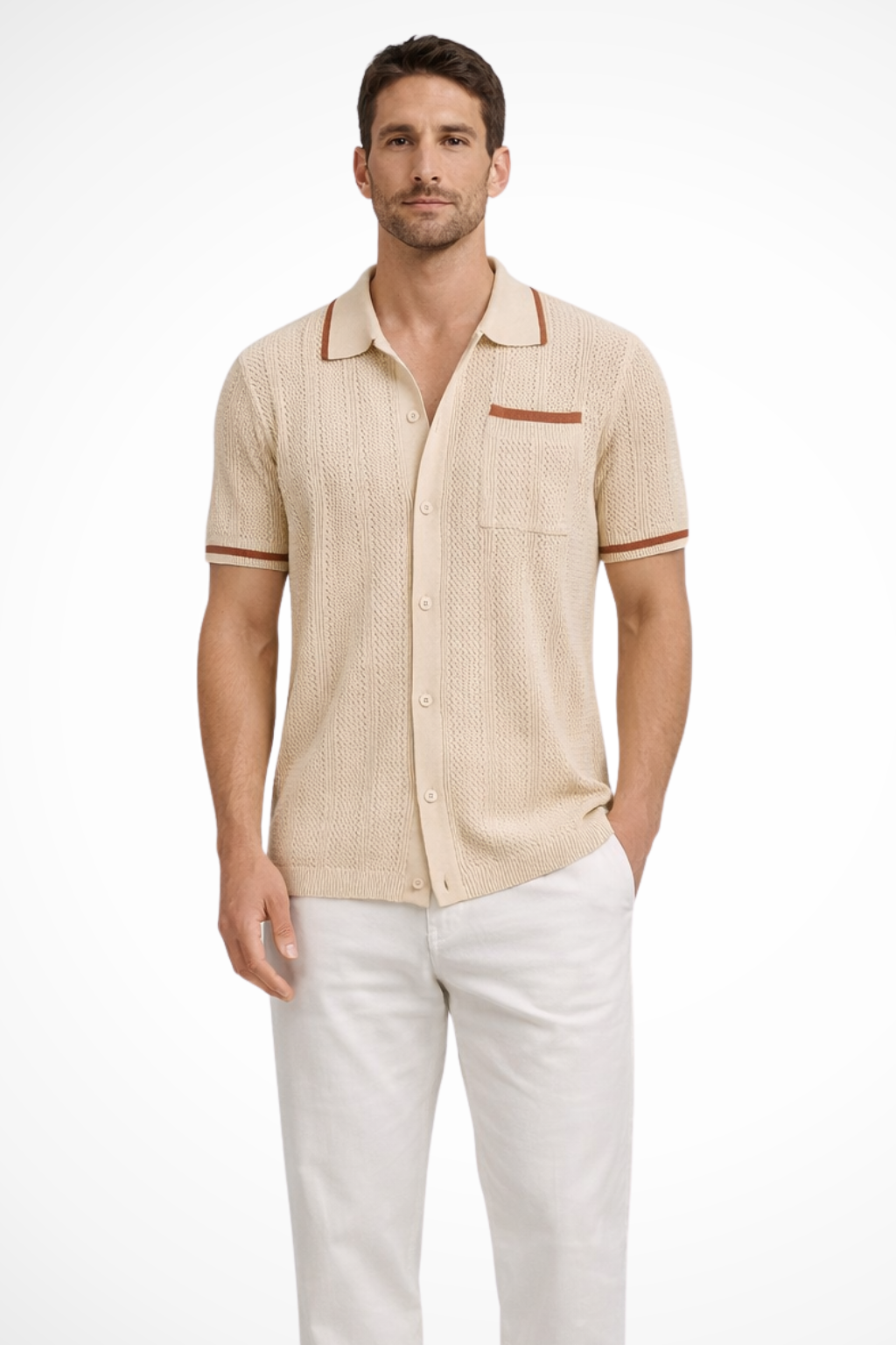 Finlay | Men Short Sleeve Camp Collar Button Front Openwork Knit Shirt with Contrast Trim