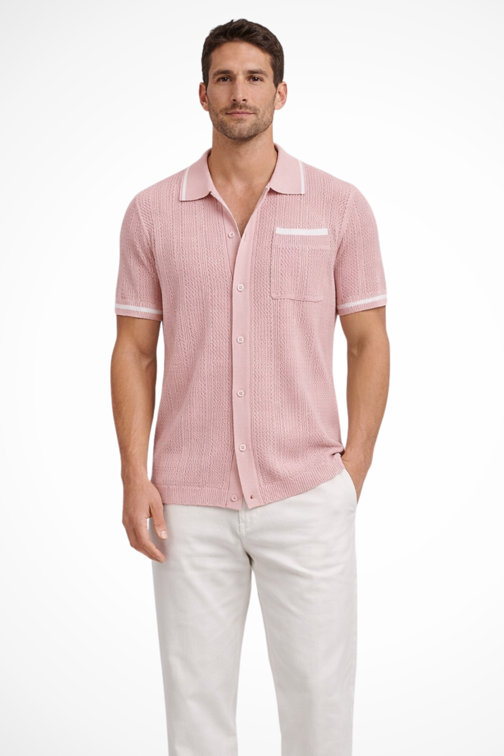 Finlay | Men Short Sleeve Camp Collar Button Front Openwork Knit Shirt with Contrast Trim