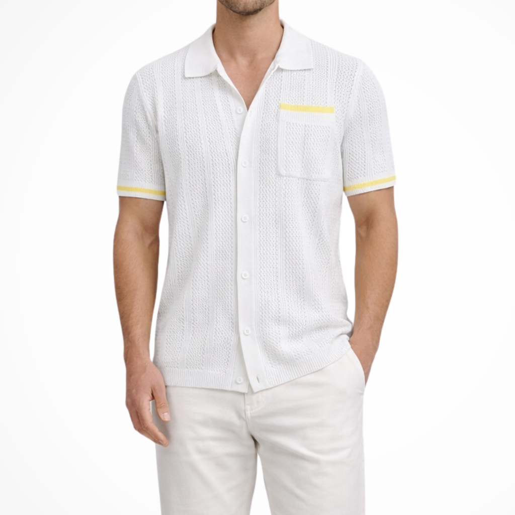 Finlay | Men Short Sleeve Camp Collar Button Front Openwork Knit Shirt with Contrast Trim