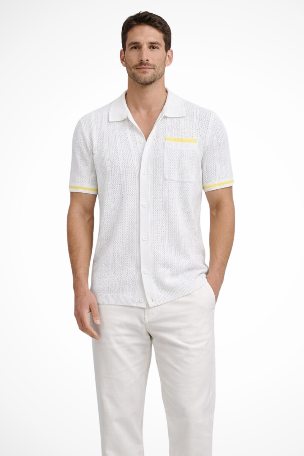 Finlay | Men Short Sleeve Camp Collar Button Front Openwork Knit Shirt with Contrast Trim