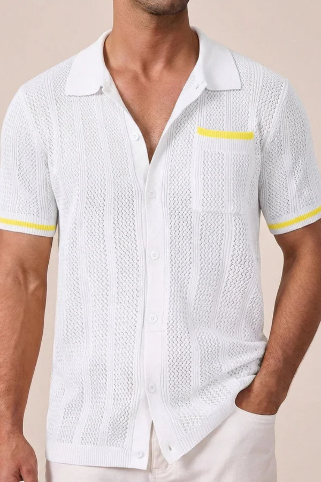 Finlay | Men Short Sleeve Camp Collar Button Front Openwork Knit Shirt with Contrast Trim