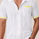 Finlay | Men Short Sleeve Camp Collar Button Front Openwork Knit Shirt with Contrast Trim