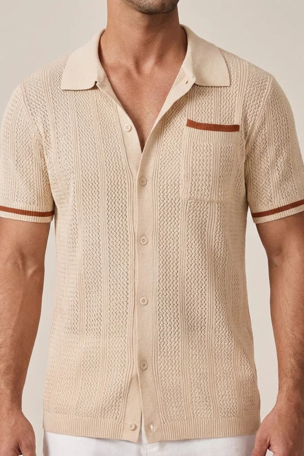 Finlay | Men Short Sleeve Camp Collar Button Front Openwork Knit Shirt with Contrast Trim