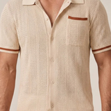 Finlay | Men Short Sleeve Camp Collar Button Front Openwork Knit Shirt with Contrast Trim