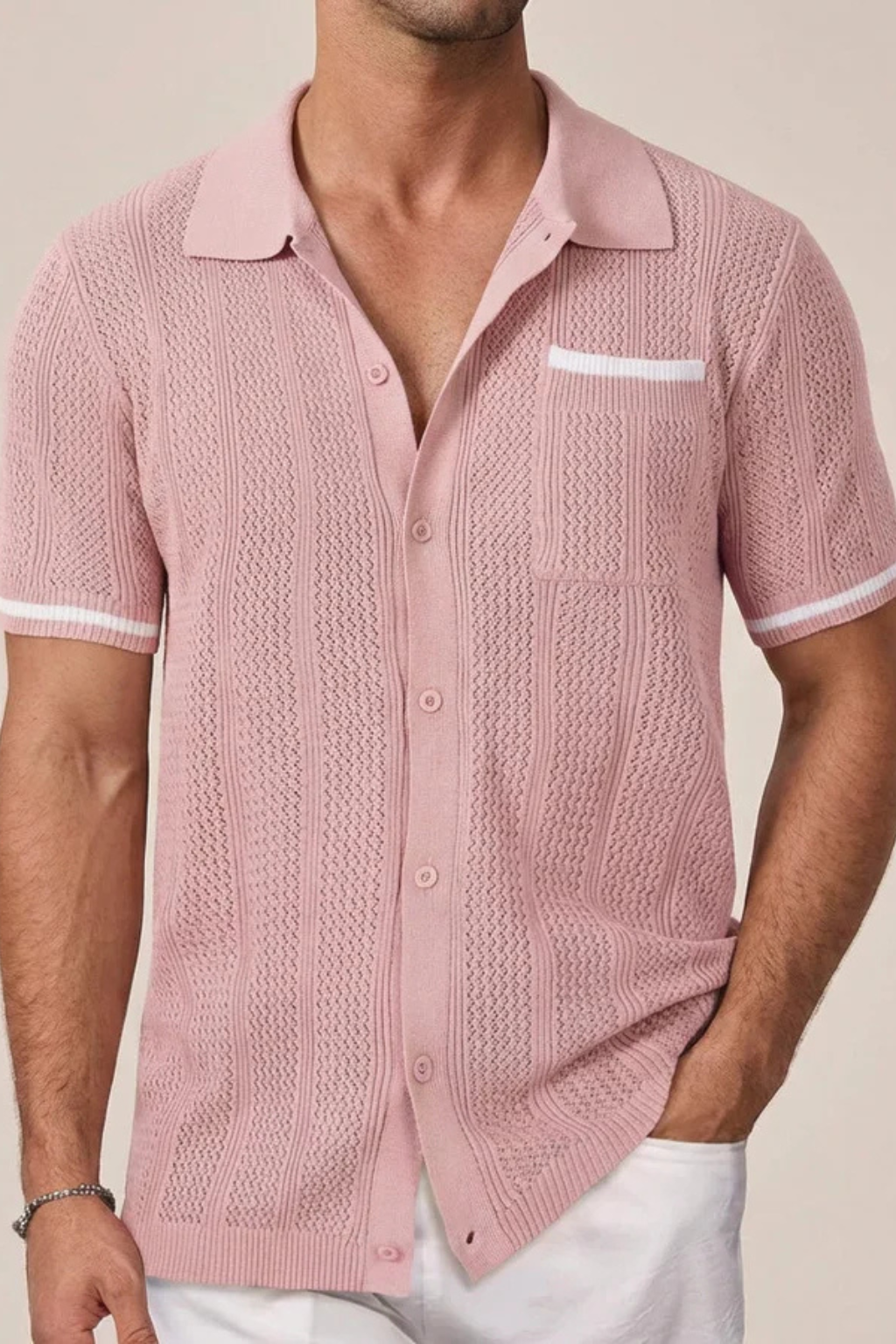 Finlay | Men Short Sleeve Camp Collar Button Front Openwork Knit Shirt with Contrast Trim