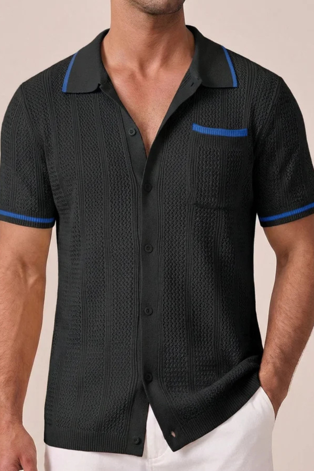 Finlay | Men Short Sleeve Camp Collar Button Front Openwork Knit Shirt with Contrast Trim