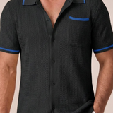 Finlay | Men Short Sleeve Camp Collar Button Front Openwork Knit Shirt with Contrast Trim