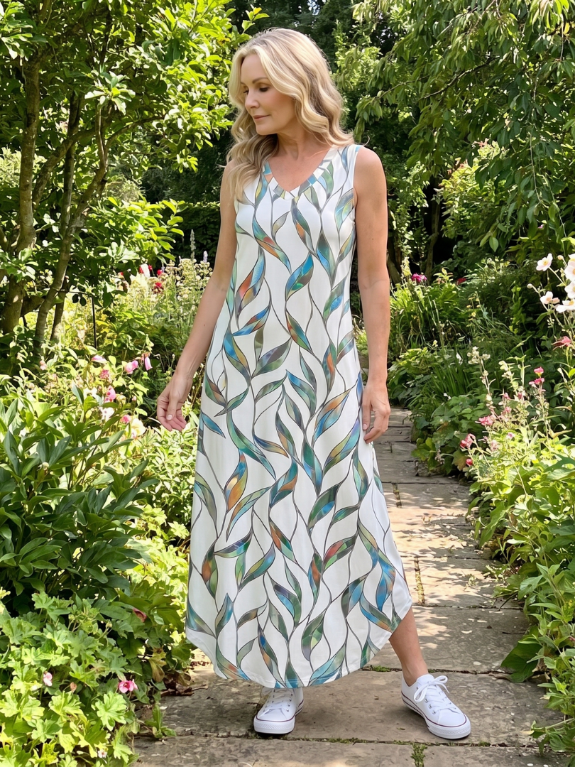 Tesmarie | Sleeveless Tropical Leaf Print Midi Dress