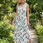 Tesmarie | Sleeveless Tropical Leaf Print Midi Dress