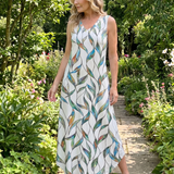 Tesmarie | Sleeveless Tropical Leaf Print Midi Dress