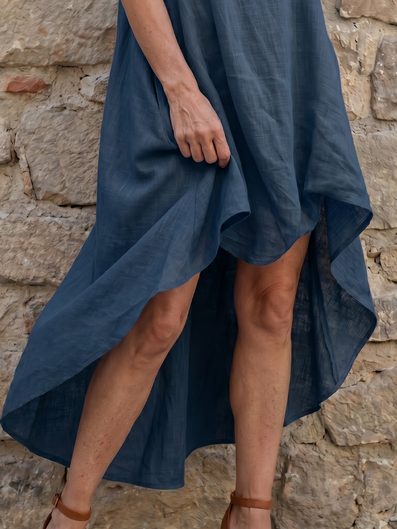 Rosthea | Flowing High Low Clean Neckline Midi Dress