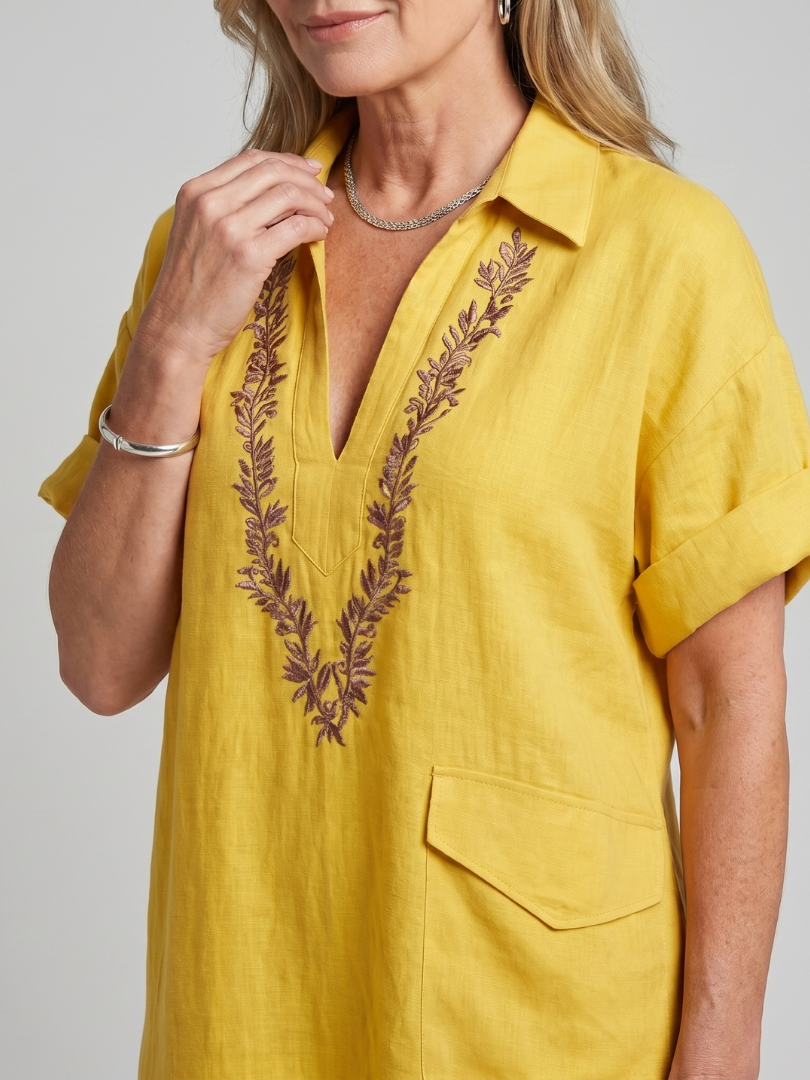 Kalthea | Short Sleeve V Neck  Embroidered Detail Midi Dress