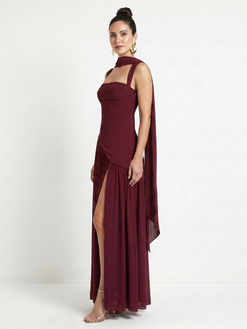 Fleurbelle | Cutout Neck Pleated Slit Maxi Dress