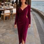 Zarrose | Draped Cowl Neck Satin Midi Dress