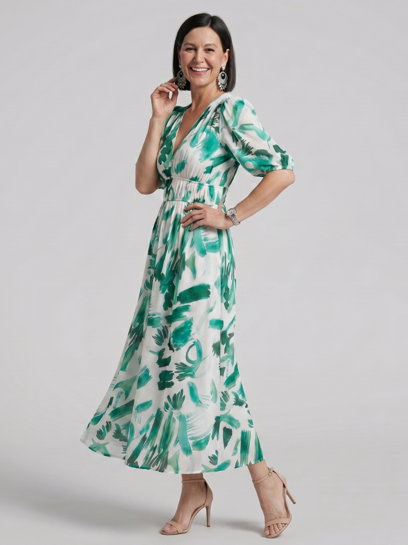Larette | Puff Sleeve V Neck Abstract Print Midi Dress