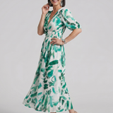 Larette | Puff Sleeve V Neck Abstract Print Midi Dress