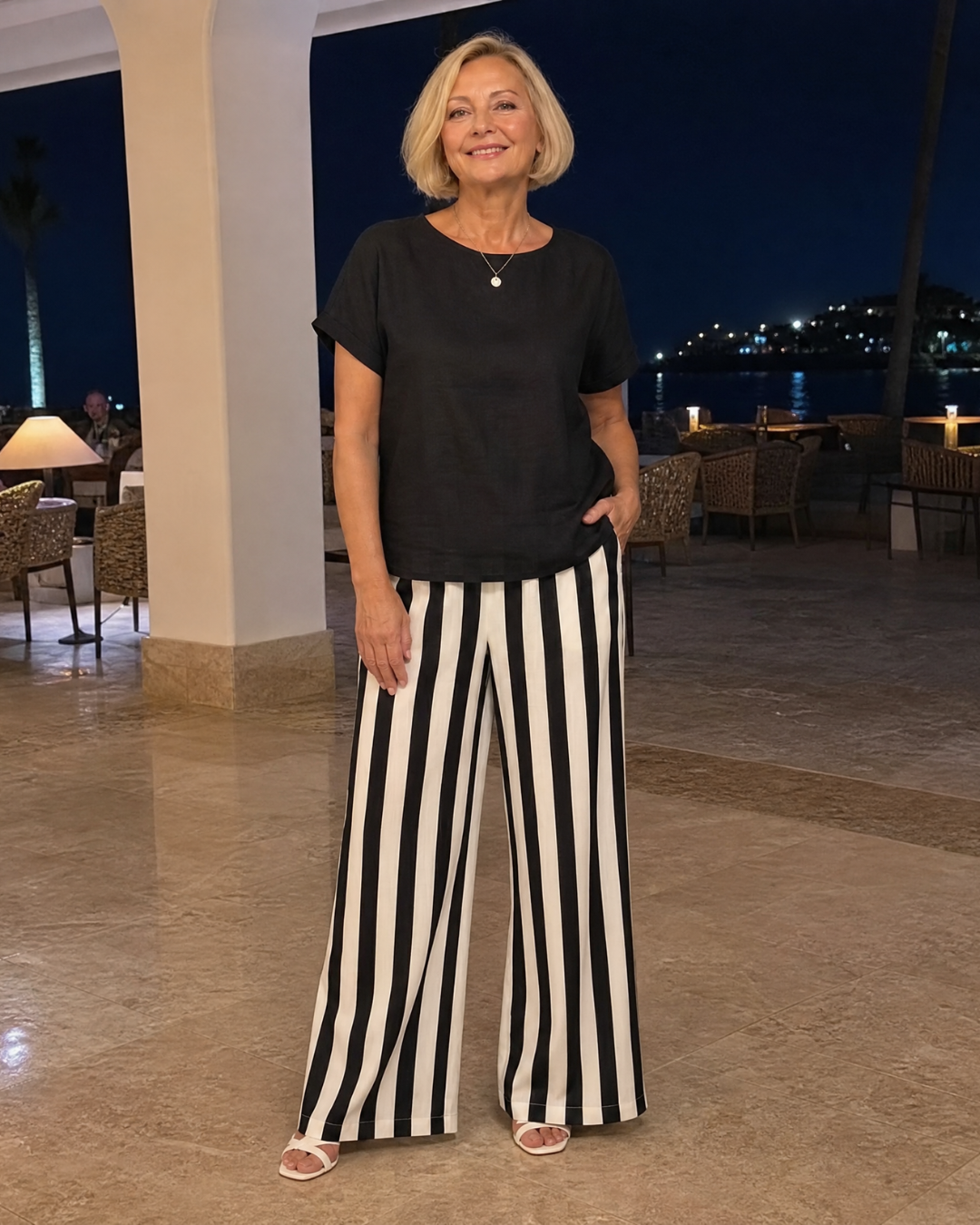 Magdara | Linen Blend Top And Striped Wide Leg Pants Set