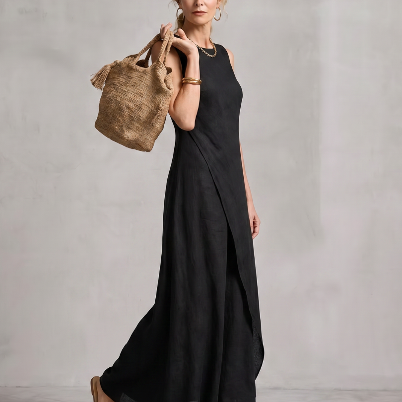 Corthea | Asymmetric Layered Round Neck Maxi Dress