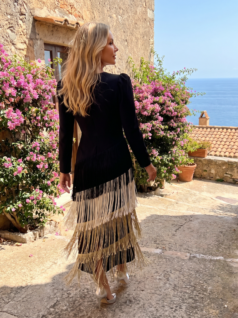 Milbeth | Long Sleeve Soft Fringe Skirt Midi Dress