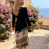 Milbeth | Long Sleeve Soft Fringe Skirt Midi Dress