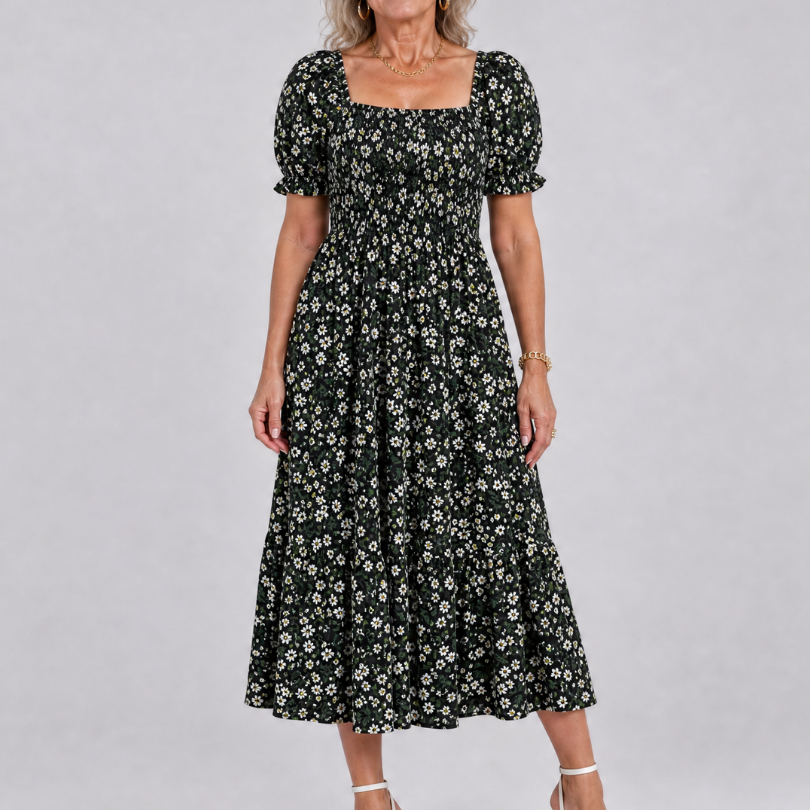 Serrina | Floral Smocked Square Neck Midi Dress