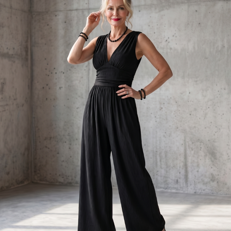 Renna | Deep V Waist Defined Wide Leg Jumpsuit