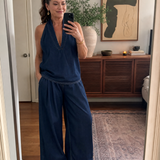 Tallyn | Halter Neck Denim Top And Wide Leg Pants Set