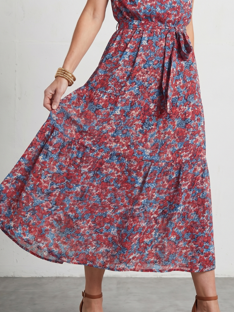 Tesdra | High Neck Floral Tiered Midi Dress