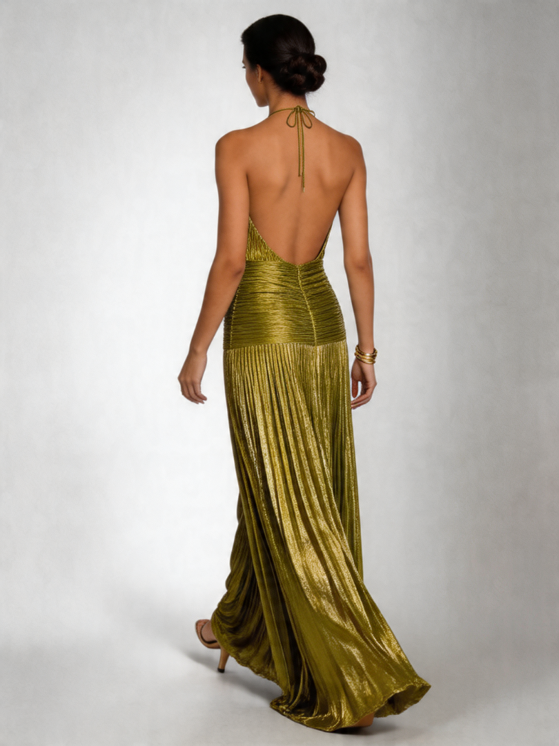 Nevrin | Halter Neck Pleated High Slit Maxi Dress