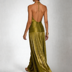 Nevrin | Halter Neck Pleated High Slit Maxi Dress