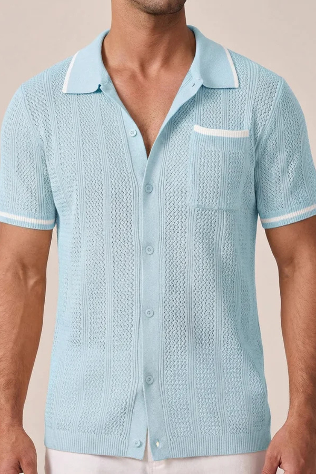 Finlay | Men Short Sleeve Camp Collar Button Front Openwork Knit Shirt with Contrast Trim
