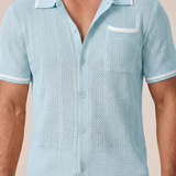 Finlay | Men Short Sleeve Camp Collar Button Front Openwork Knit Shirt with Contrast Trim