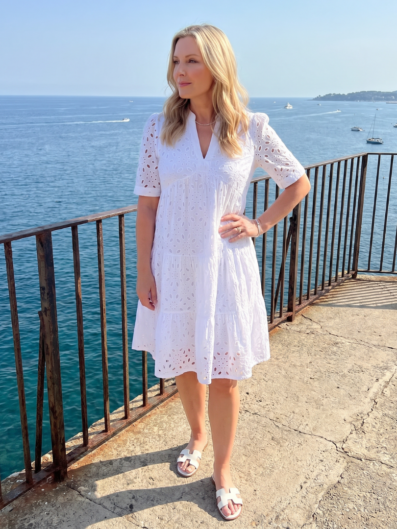 Isarina | Short Sleeve Eyelet Detail Knee Length Dress