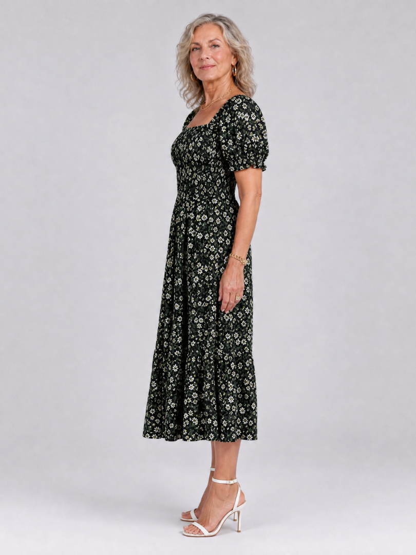 Serrina | Floral Smocked Square Neck Midi Dress