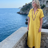 Kalthea | Short Sleeve V Neck  Embroidered Detail Midi Dress