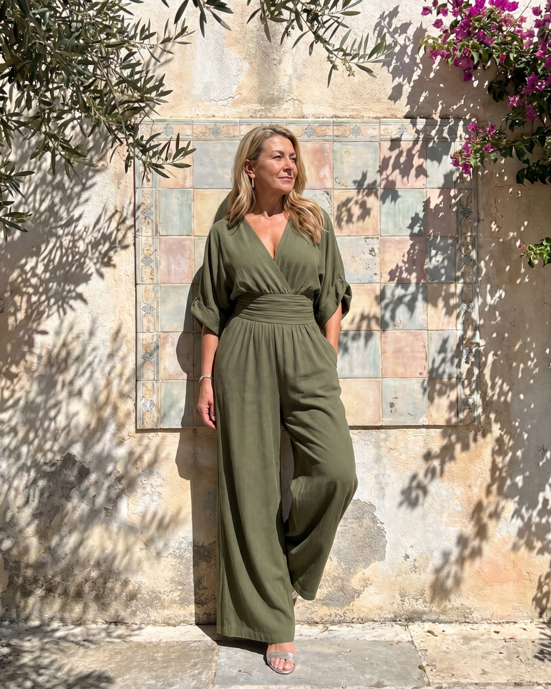 Persia | Draped V Neck Wide Leg Relaxed Jumpsuit