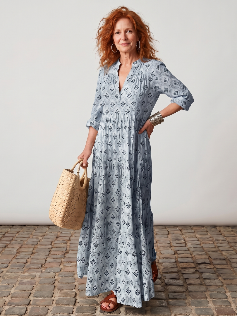 Teswen | Notch Neck Printed Long Sleeve Maxi Dress