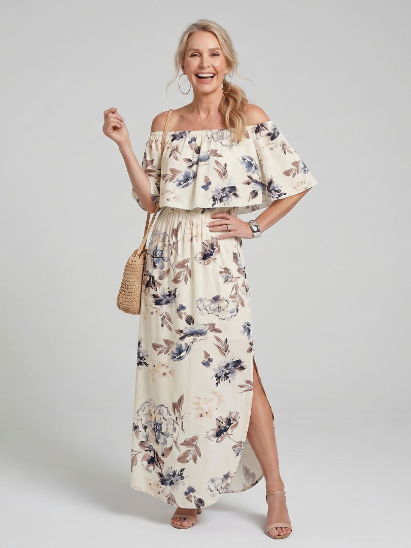 Orlalia | Off Shoulder Soft Floral Print Midi Dress