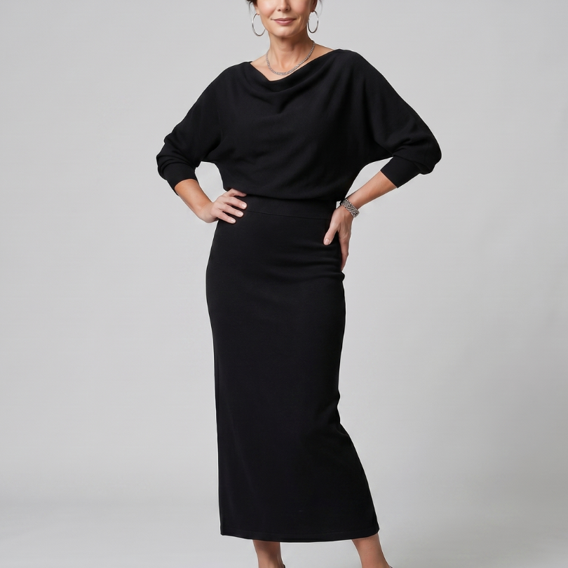 Saffwynne | Draped Neckline Fitted Skirt Midi Dress