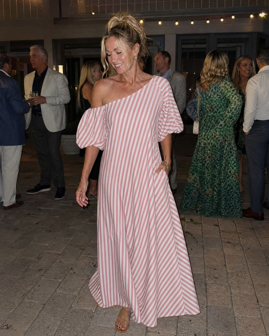 Faela | Striped Off Shoulder Puff Sleeve Midi Dress