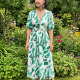 Larette | Puff Sleeve V Neck Abstract Print Midi Dress
