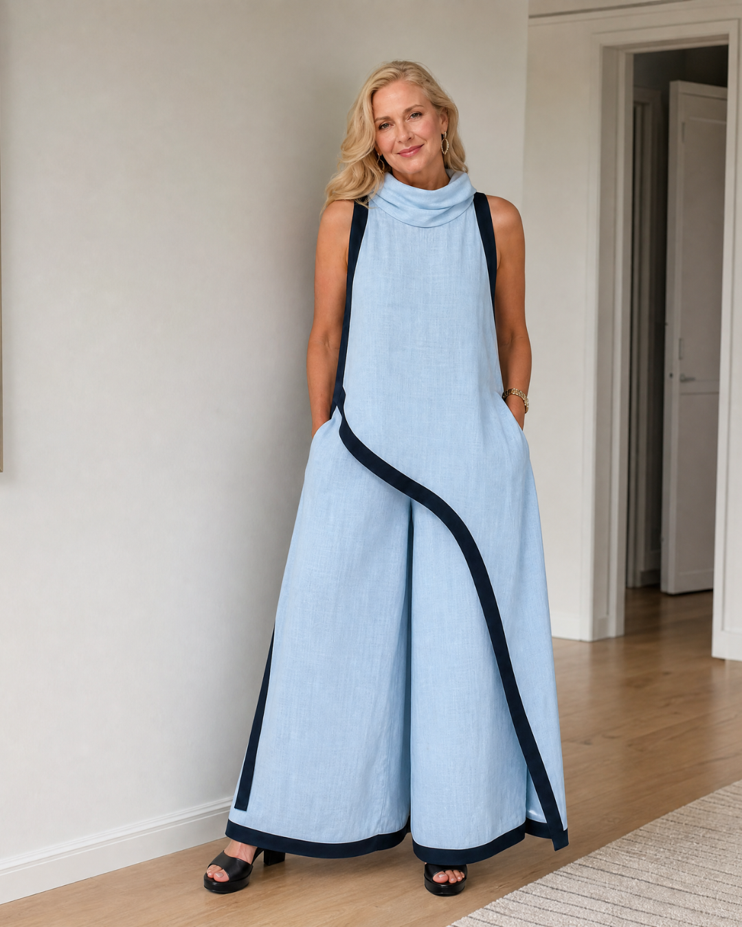 Tovarina | Contrast Trim Sleeveless Layered Top And Wide Leg Pants Set