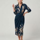 Dahine | Long Sleeve Collared Wrap Stripe Pattern Midi Dress